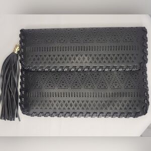 Black Boho Foldover Clutch Crossbody Bag Tassel Faux Leather Whipstitch Tribal